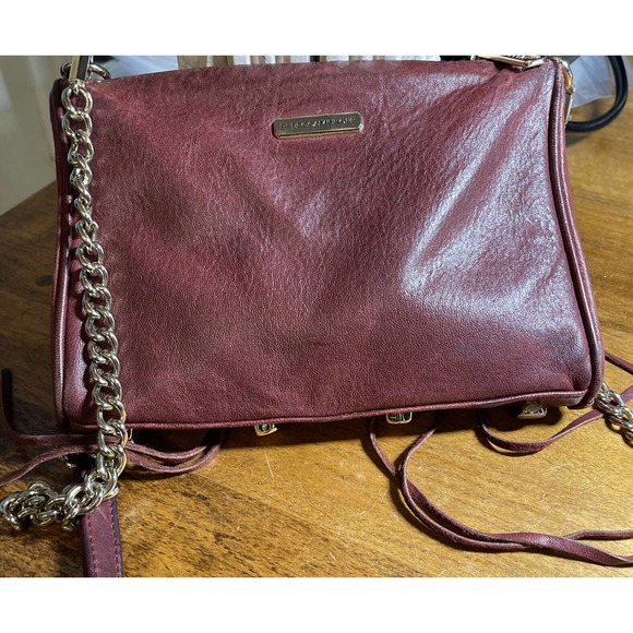 Rebecca Minkoff Cross Body Purse 5 Zip Leather Maroon Studded Gold Chain Handle - Picture 3 of 13